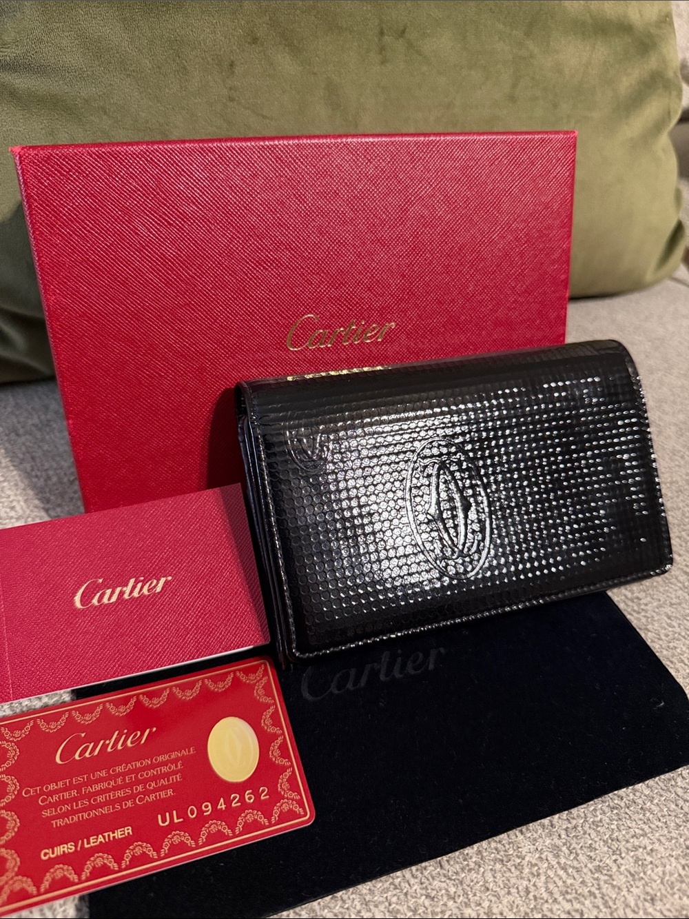 Cartier Black Patent Leather Happy Birthday Wallet with Red Box